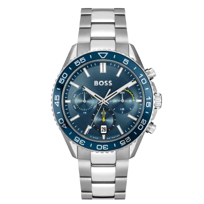 Afbeelding van BOSS Runner Chronograaf silvercoloured/blue, Heren, Maat: One Size, Silver coloured/blue