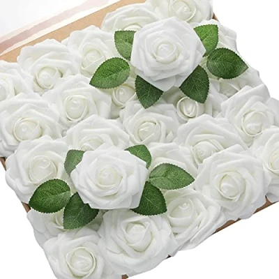 Afbeelding van PIQIUQIU 25 stuks kunstrozen van schuimrubber, kunstbloemen, voor bruiloften, woondecoratie, koningsblauw
