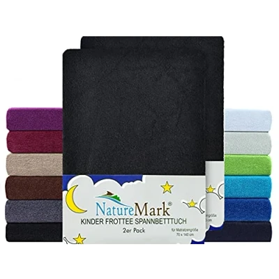 Afbeelding van NatureMark Set van 2 zachte badstof hoeslakens voor babybed en kinderbed, 70 x 140 cm, zwart