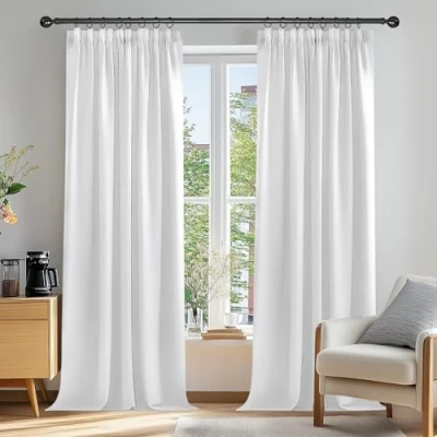 Afbeelding van Deconovo Set van 2 gordijnen met zilverkleurig patroon, thermisch verduisterend anti koude, 229 x cm, oogjesgordijn, modern design, slaapkamer, woonkamer, wit lichtgrijs