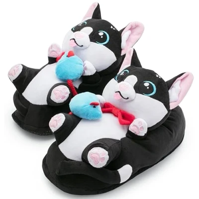 Afbeelding van corimori 1847 (verschillende modellen) pantoffels met dierenhoofd, schattige van pluche fleece, Balou de kat zwart wit