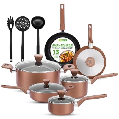 Afbeelding van NutriChef Pannenset 13 delige Antiaanbak Kookpannenset Hittebestendige Keukenset met Steelpan Koekenpannen Kookpotten Casserole Deksels en Keukengerei Bruin
