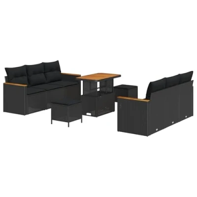 Afbeelding van vidaXL 9 delige tuinbankset met kussens zwart poly rattan acacia