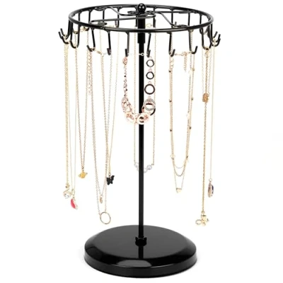 Afbeelding van Belle Vous Zwart Metalen Roterende Sieraden Houder Display Standaard (23 Haken) H34,8 x B20,5 cm Hang Organizer Toren Rek Opslag Voor Kettingen &amp; Armbanden, Ringen Oorbellen