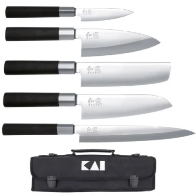 Afbeelding van KAI Wasabi Black messenzakset multifunctioneel mes 10 cm, Deba 15 Nakiri 16,5 Santoku Yanagiba 21 gepolijst roestvrij staal 6A/1K6 58 (±1) HRC, gemaakt in Japan