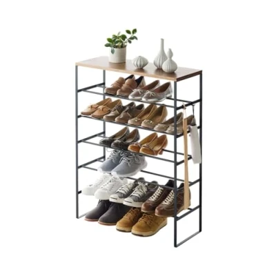 Image de Yamazaki Etagère à chaussures en métal et bois Tower noir