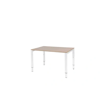 Afbeelding van Domino bureau, hoogte instelbaar (62 85cm) met 120x80cm &#039;zwevend&#039; havana/ kersen licht 25mm blad en wit (RAL9010) N poot frame.