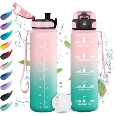 Image de bouteille d&#039;eau de sport anti fuites, facile à ouvrir avec filtre réutilisable, motivation indicateur temps, pour adulte, camping, cyclisme