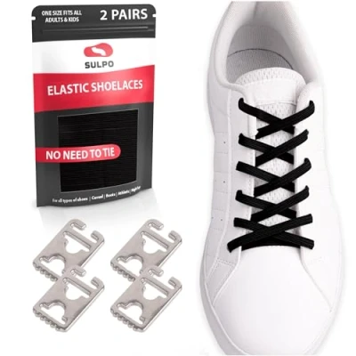 Afbeelding van SULPO 2 paar veters zonder knopen, chique snelvetersysteem, elastische veters, reserveveters lussen, voor alle schoenen, zwart, eenheidsmaat, zwart.