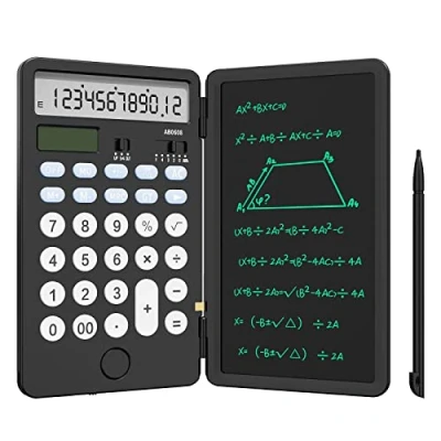 Afbeelding van NEWYES Verbeterde basisrekenmachine met 16,5 cm notitieblok, uitwisbaar lcd schrijfbord 12 cijferig vak, standaard 2 in 1 rekenmachine, navulbaar (zwart)