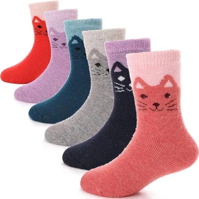 Afbeelding van ANTSANG 6 paar dikke warme wollen wandelsokken voor jongens en meisjes thermische laars cadeau kerstsokken, Kitten