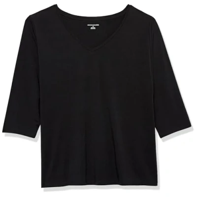 Image de Amazon Essentials T Shirt Col En v À Manches 3/4 Coupe Classique (Grandes Tailles Disponibles) Women&#039;s, Noir, XXL
