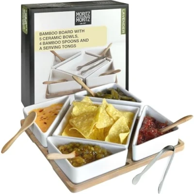 Afbeelding van Moritz &amp; 11 delige lavendelset, voor tapas, snacks, voorgerechten, keramische kommen, dienblad en lepel van bamboe, tang roestvrij staal, wit