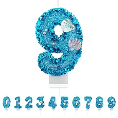 Afbeelding van verjaardagskaarsen, cijfers 9,3D, zeemeermin, blauwe kaarsen, verjaardag, cijfer 9, zeemeermin taarttopper, decoratie, taartdecoratie, verjaardagskaarsen voor