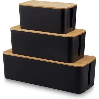 Afbeelding van BUDDLEY Kabelbox Zwart Bamboe (SET) Kabeldoos Kabel Opbergbox Stekkerdoos Management onder Bureau Organiser CableBox Doos voor snoeren wegwerken