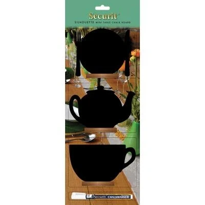 Image de Lot de 3 Silhouette ardoise théière/assiette/tasse base en bois. Feutre craie inclus