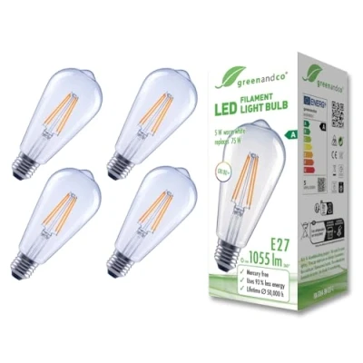 Afbeelding van greenandco 4 x transparante led filamentlampen, E27, ST64, 5 W, 1055 lm, vervangt 75 2700 K, warmwit, 320 graden, 230 V, flikkervrij, energieklasse A, niet dimbaar