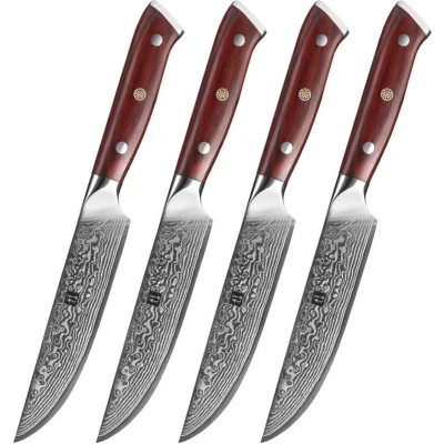 Afbeelding van Xinzuo steakmessen van Damaststaal 4 delige set Damascus Staal (67 lagen, VG10) en Rozenhouten handgrepen B13R Yu