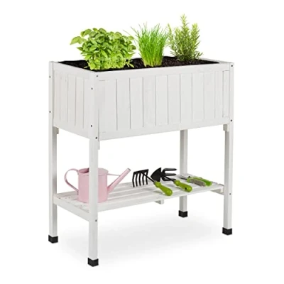 Afbeelding van Relaxdays Verhoogde bloembak, folie, plank, 80 x 74 38 cm (h b d), tuin, balkon en terras, plantentafel, dennenhout, wit