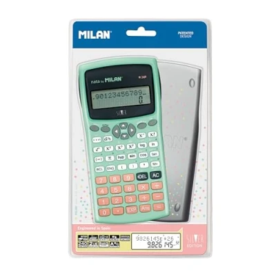 Image de Milan Scientifica M240 Silver Calculatrice 2 lignes 240 fonctions 10 + chiffres couleur vert turquoise avec couvercle