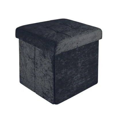 Afbeelding van Intirilife Opvouwbaar krukje 30x30x30 cm in fluweelzwart zitkubus met opbergruimte en deksel fluwelen hoes voetensteun opbergkist bankzitting
