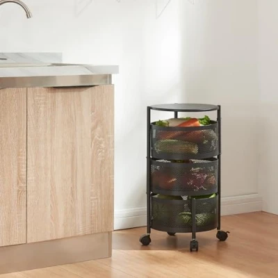 Afbeelding van Keukentrolley Steigen met 3 manden rond staal 59,5xØ33 cm zwart