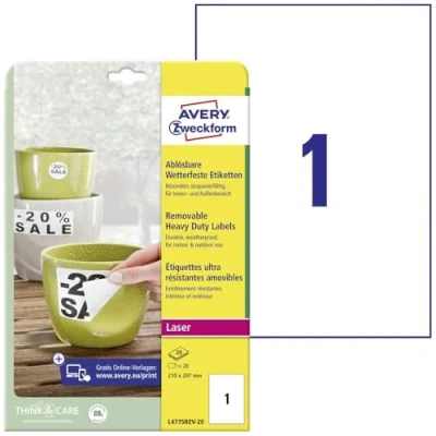 Afbeelding van Avery afneembare weerbestendige etiketten ft 210 x 297 mm (b h), wit, doos van 20 etiket