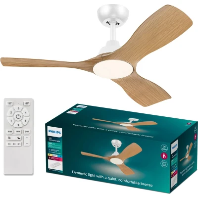Afbeelding van Philips Olas Ventilator Energiezuinige LED verlichting Plafondlamp Instelbare kleurtemperatuur 24W 107cm diameter Afstandsbediening Wit met houtlook