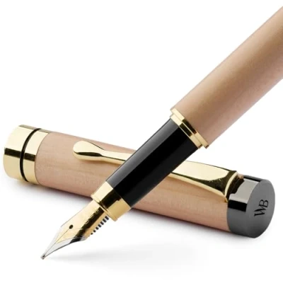 Afbeelding van Wordsworth &amp; Black Fontein pennenset, luxe bamboehout medium veer, geschenkzak; inclusief 6 inktpatronen, inktnavulconverter, [esdoornhout]
