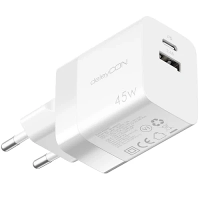 Afbeelding van deleyCON USB A en C oplader (2 poorten compacte 45W snellader) voeding voor iPhone 15/14/13 Galaxy S24/S23 pixels, mobiele telefoon, iPad, tablet, MacBook, computer