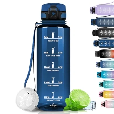 Afbeelding van Grsta Sportfles, BPA vrij, met motiverende tijdweergave, voor sportschool, fiets, school, kantoor, marineblauw