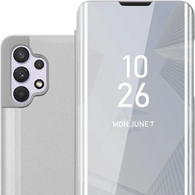 Afbeelding van Cadorabo Hoesje geschikt voor Samsung Galaxy A32 4G in AGAAT ZILVER Clear View Spiegel Beschermende Case met Tribunefunctie 360 Graden Bescherming Book Cover Etui