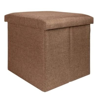 Afbeelding van Intirilife Opvouwbaar krukje 38x38x38 cm in BERNSTEIN BRUIN Zitkubus met opbergruimte en deksel van stof linnenlook voetensteun opbergbox kist bankzitting