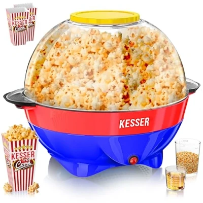 Afbeelding van KESSER® Grote popcornmachine, 800 W, inhoud 5,5 liter, met anti aanbaklaag en serveerschaal, voor olie, boter, suiker, stil snel, afneembaar verwarmingsoppervlak (blauw/rood)