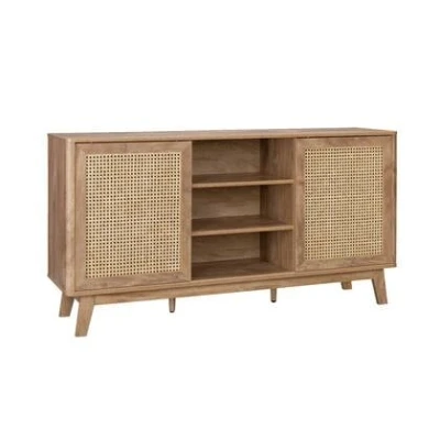 Afbeelding van sweeek Dressoir met 2 schuifdeuren en legplanken, houteffect rietmotief, 150cm