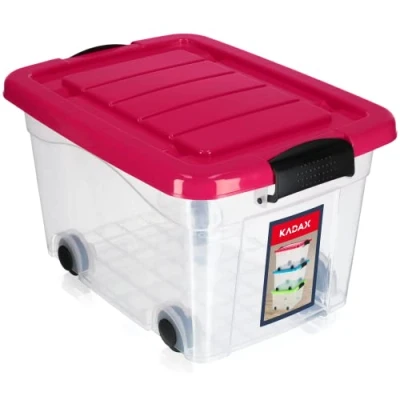 Afbeelding van KADAX opbergdoos van kunststof met wielen, 20 liter, roze, organizer deksel, clipbox voor speelgoed, kliksluiting
