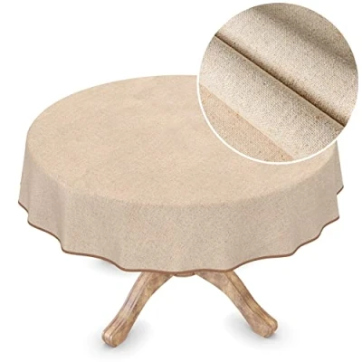 Afbeelding van ANRO Afwasbaar tafelzeil, linnenlook, beige, effen, duurzaam, rond, 140 cm