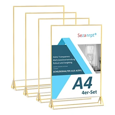 Afbeelding van Sezanrpt Set van 4 A4 letterhouders acryl met gouden bord voor bruiloftstafelnummers, dubbelzijdig, transparante menuhouder tafelblad, restaurant, detailhandel,