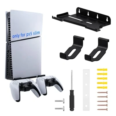 Afbeelding van Mcbazel PS5 Slim Wall Mount met 2 haken voor controller, staal metaal materiaal ophangbeugel duurzame accessoires Playstation 5 Disc/Digital Edition zwart
