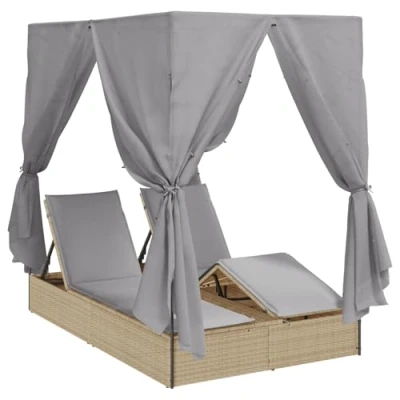 Afbeelding van vidaXL Dubbele Zonne Lounger Set van 2 Beige en lichtgrijs Poly Rattan