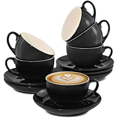 Afbeelding van Set van 6 cappuccino kopjes met schotels Keramisch zwart Vaatwasmachinebestendig Houdt Lang Warm 180ml
