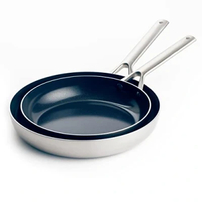 Afbeelding van Blue Diamond Triple Steel Braadpannenset van roestvrij staal 18/10, antiaanbaklaag, versterkt met diamanten, 24 cm en 28 cm, PFAS vrij, meerlaags, inductie, vaatwasser, oven, zilverkleurig