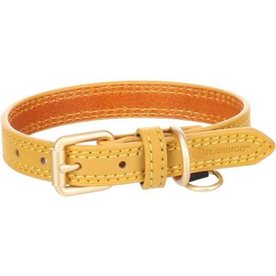 Afbeelding van Leren halsband hond Virginia met Ring ID hanger geel