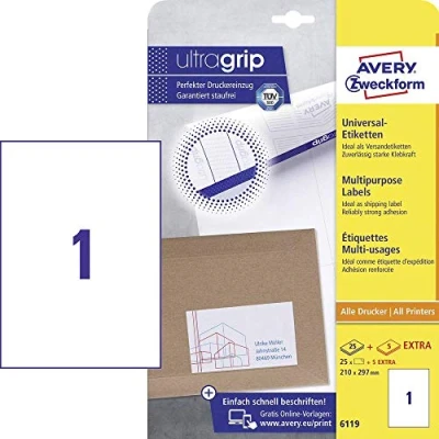 Afbeelding van Etiket Avery Zweckform 6119 210x297mm A4 wit 25stuks
