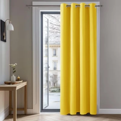 Afbeelding van Deconovo warmte isolerende verduisterende gordijnen, gordijnen voor woonkamer en slaapkamer, modern oogjesontwerp, mosterdgeel, 132 x 229 cm (breedte hoogte), 1 stuks