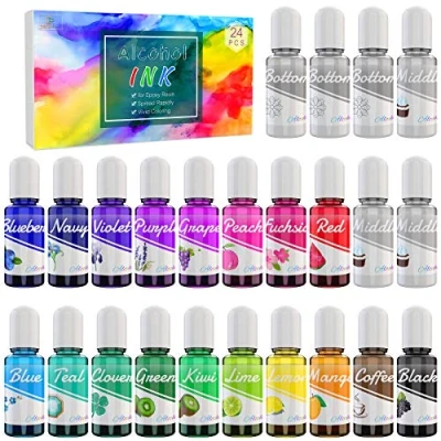 Afbeelding van Alcohol Ink 24 flessen alcoholinkt voor epoxyharsverf, productie van petrischaaltjes 18 kleuren en 6 witte inkt kunsthars, het maken bekers 240 ml