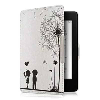 Afbeelding van kwmobile E reader hoesje geschikt voor Amazon Kindle Paperwhite hoes flip case met magnetische sluiting Ereader cover Paardenbloemen Liefde design in zwart / wit