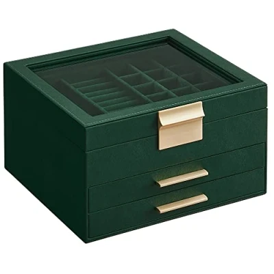 Afbeelding van SONGMICS Sieradendoos, Accessoirekist met 3 niveaus, Opbergkist, Glazen Deksel, 2 Laden, Juwelenopbergvak, Bosgroen en Goud, 20,3 x 23,1 13,5 cm JBC239C01