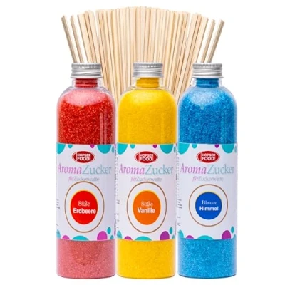 Image de Hopser Food Fun Sucre pour barbe à papa, 3 x 230 g machine 50 tiges de papa (set 1 fraise, vanille, chewing gum + bâtonnets)