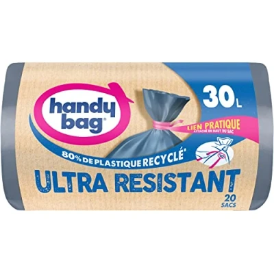 Afbeelding van Handy Bag Praktische vuilniszakken met bindband, 30 l x 20 zakken Lekvrije bodem Maximale waterdichtheid band bevestigd aan de bovenkant van zak 100% gerecycled kunststof